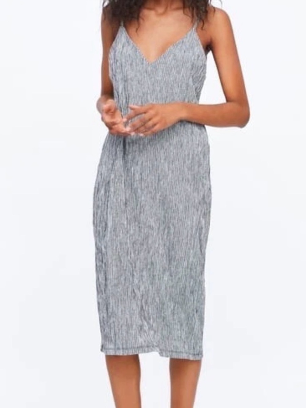 ZARA Grey Checked Midi Textured Strappy V-neck Loose Fit Dress 26